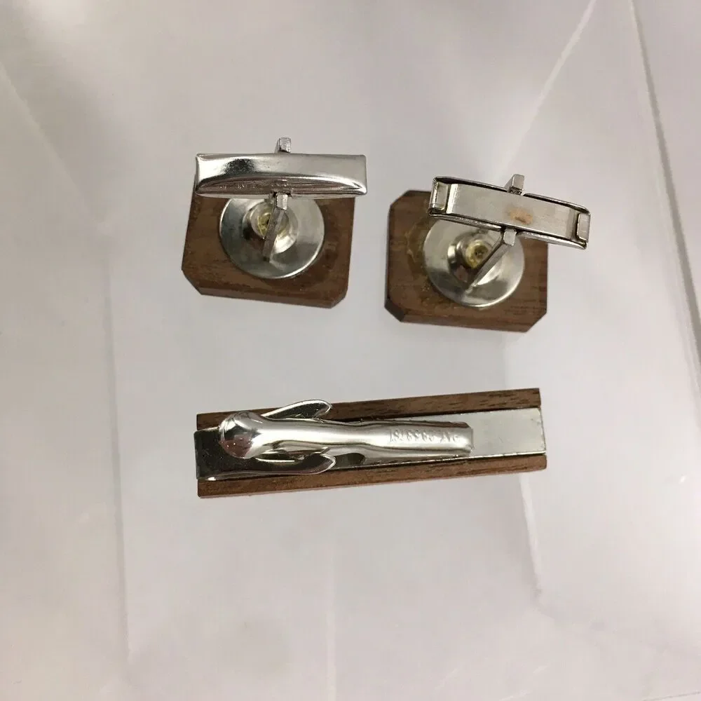 Vintage Etched Wood Leaf Cufflinks & Tie Clip Wooden Leaves Layered Modern H1